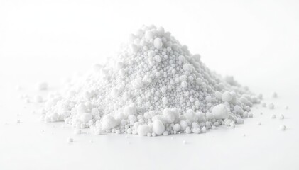 Pile of white granulated sugar on white background, close-up, carbohydrate