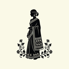 Silhouette of a woman in saree with floral design isolated on white background