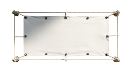 Overhead view of a rectangular, white canvas-covered frame.  Wooden or rope-like supports surround the blank canvas