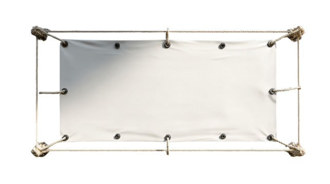 Overhead view of a rectangular, white canvas-covered frame.  Wooden or rope-like supports surround the blank canvas