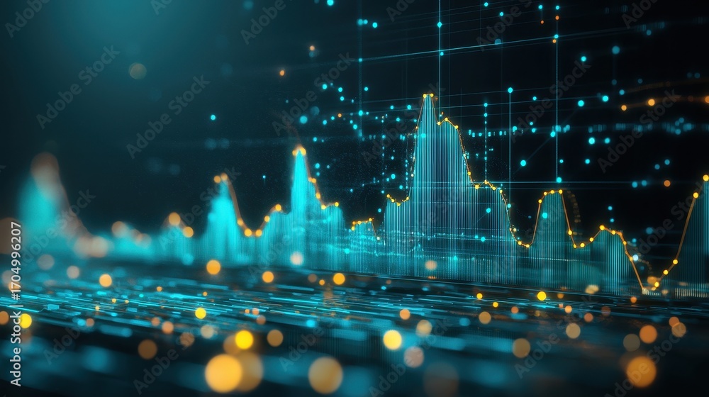 Poster a dynamic digital graph displaying fluctuating data trends with glowing elements and a futuristic ae