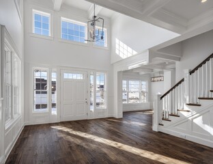 Bright, spacious foyer with hardwood floors, tall windows, and white trim
