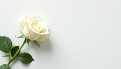 Fototapeta premium Single, perfect white rose blossom on stark white background, blossom, pure