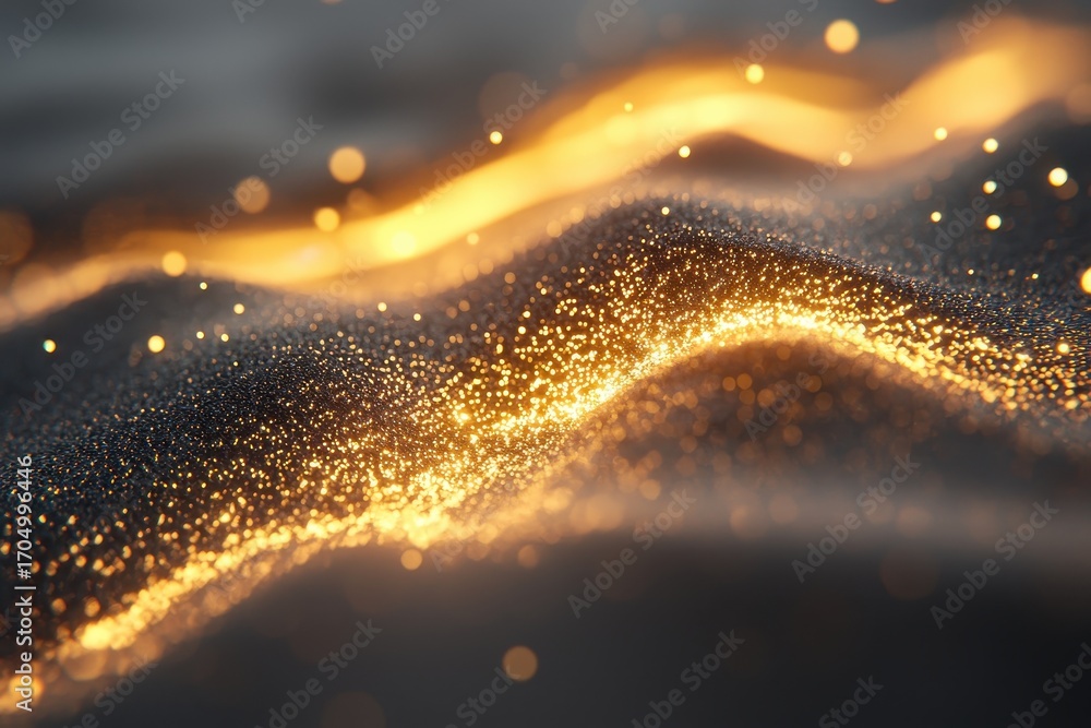 Poster a shimmering wave of golden particles dances across a dark surface, creating a mesmerizing and ether