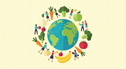 Diverse People and Fresh Produce Circling Planet Earth in a Vibrant Health Concept.