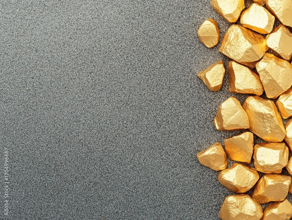 Poster shiny golden rocks scattered on a textured gray surface, creating a striking contrast and an appeali