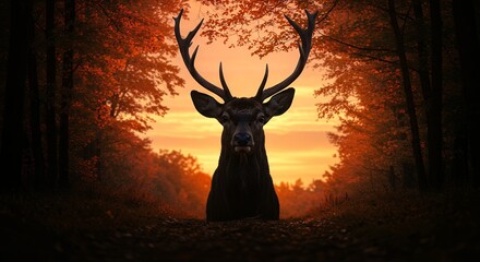 Deer silhouette at sunset in forest
