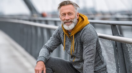 Active senior man stretches leg on bridge railing during outdoor workout for healthy lifestyle in Autumn