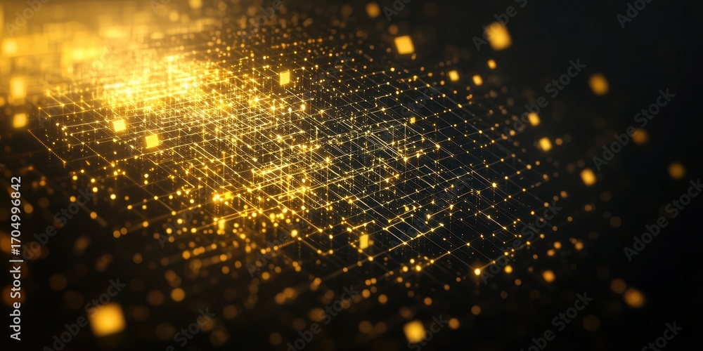 Poster a digital abstract design featuring a grid of glowing golden squares against a dark background, repr