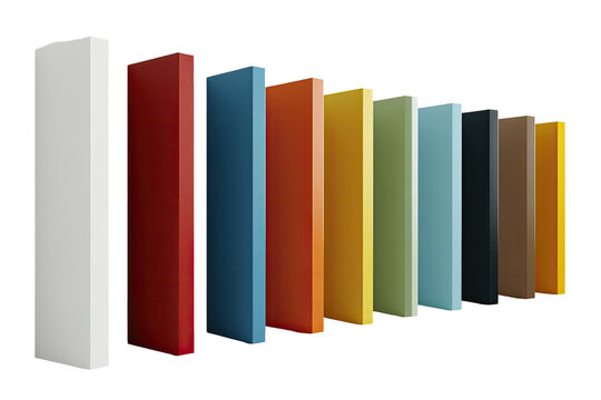 A row of colorful rectangular panels,  various shades,  3D style,  showing a wide range of hues, from light to dark