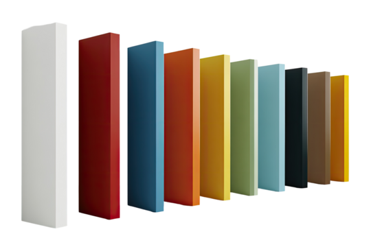 A row of colorful rectangular panels,  various shades,  3D style,  showing a wide range of hues, from light to dark