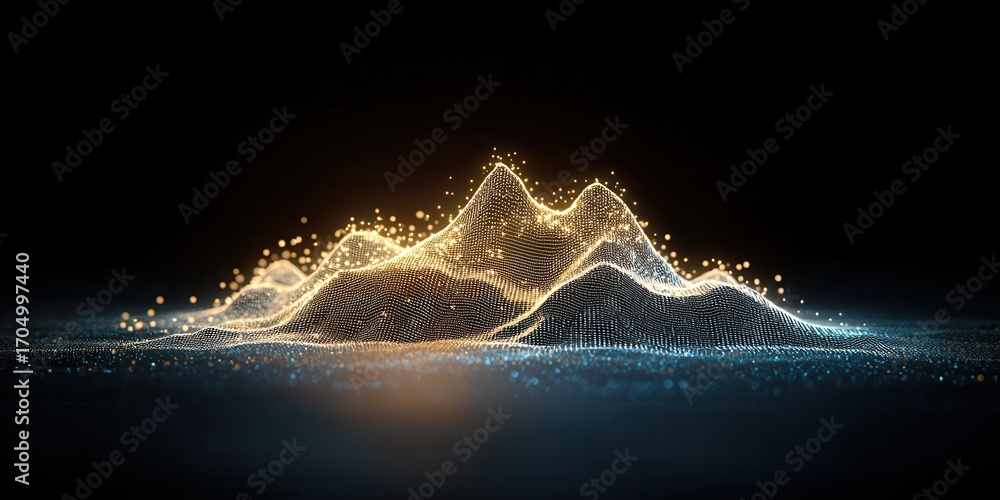 Poster a digital representation of abstract mountains formed by glowing particles, creating a mesmerizing v