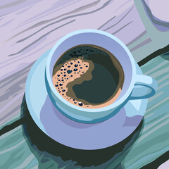 Top View of Coffee Cup with Bubbles, Morning Caffeine Routine in Vector Art Style.