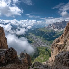 Mountain valley vista, dramatic clouds, rocky peaks