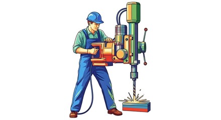 Skilled tradesman expertly using drill press for precision metalworking projects in workshop, embodying craftsmanship and dedication to industrial art, a powerful image