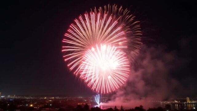 Bright fireworks exploding over a city at night, Large colorful fireworks lighting up the sky above the city