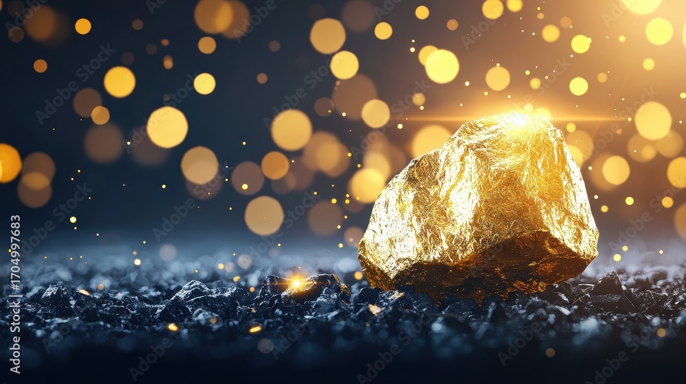 Poster a close-up of a glittering gold rock against a dark background, illuminated by sparkling bokeh light