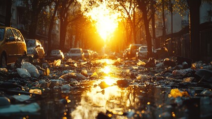 Urban street littered with trash, sunset reflection