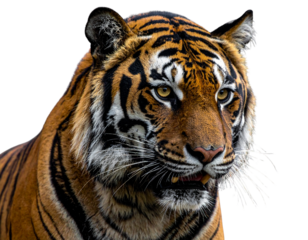Fierce Bengal Tiger Head Close-Up, Intense Gaze, isolated on transparent background