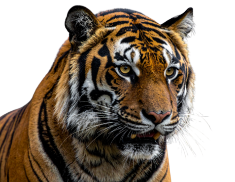 Fierce Bengal Tiger Head Close-Up, Intense Gaze, isolated on transparent background