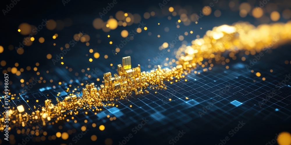 Poster a futuristic cityscape glimmers with golden lights and digital grids, creating a mesmerizing blend o
