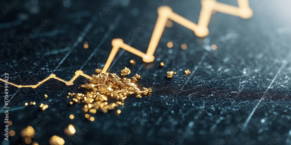 Poster a close-up of a financial graph with a rising trend line, overlaid on a textured dark surface with s