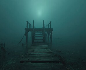 Misty wooden dock pier, shrouded in teal gloom
