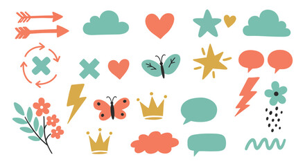 a variety of colorful icons including hearts clouds stars and flowers