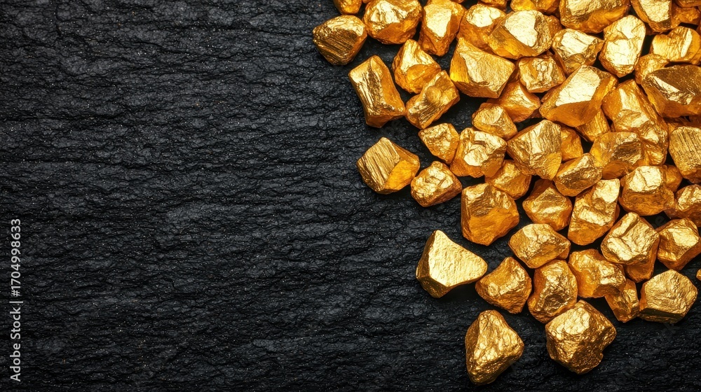 Poster a close-up of shiny gold nuggets scattered on a textured dark surface, showcasing their gleaming sur