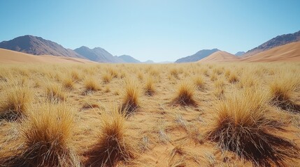 Vast desert landscape with sparse grass