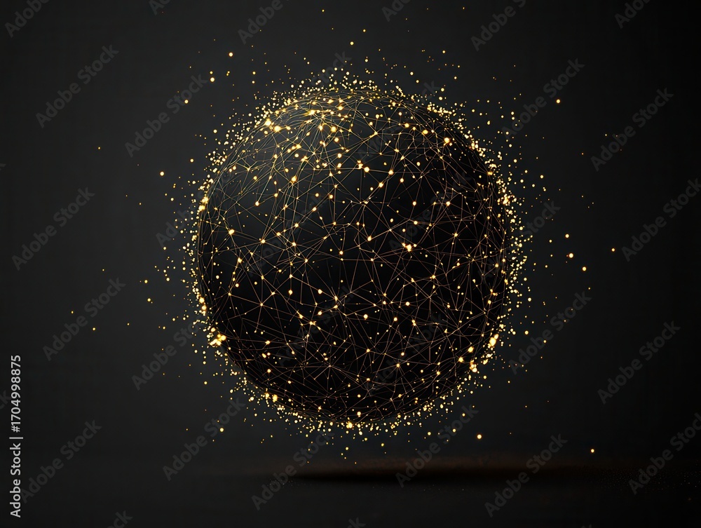 Poster a digital representation of a glowing sphere made of interconnected lines and dots, set against a da