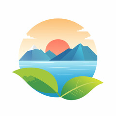 Vector minimal geometric abstract illustration of plant and leaf, landscape, sea and ocean and mountains in sunset with simple gradient for poster