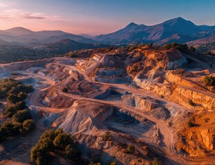 Obraz premium Aerial view of a quarry at sunrise, showing layered earth tones and winding paths
