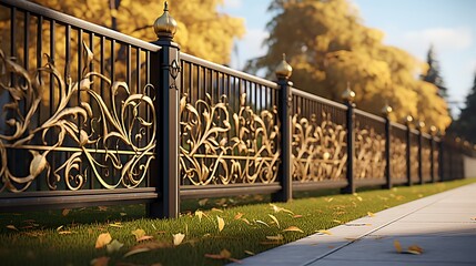 Ornamental iron fence with golden accents enhances the beauty of a suburban streetscape