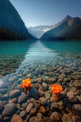 Crystal-clear lake, orange flowers, mountain backdrop