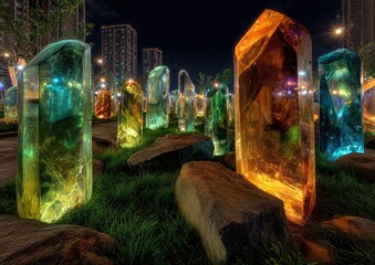 Nighttime crystal sculptures in urban park
