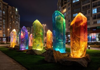 Illuminated colorful crystal sculptures in a city night setting