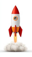 Red and white rocket launching into space, a journey to the stars