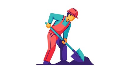 Construction worker digging with shovel in bright, clean style - perfect for illustrating labor, industry, and hard work with a modern, engaging design for websites