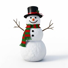 A happy snowman in a festive scarf.A classic snowman made of three white, spherical snowballs is standing against a clean white background. on a white background