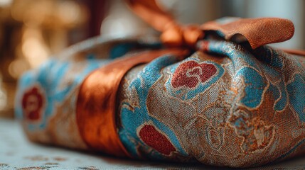 Close-up of Colorful Eid Gift Wrapping with Fabric and Ribbon Texture Blurred Background