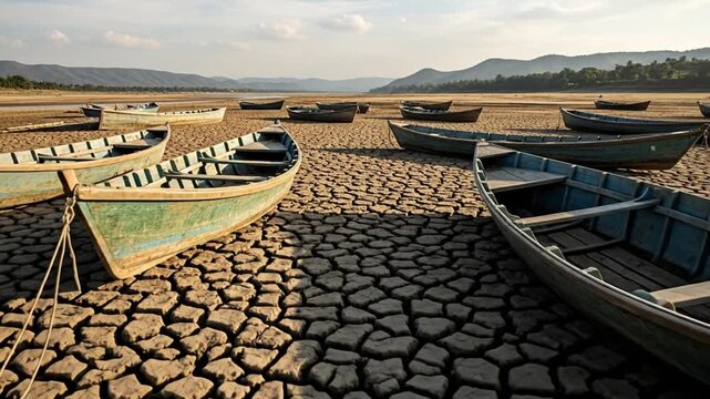 Empty boats sit abandoned on the cracked, dry earth of a desolate lakebed, a stark symbol of severe drought and climate change