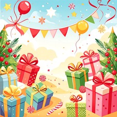 Festive holiday celebration with gifts and decorations