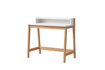 Wooden desk with white top and shelf isolated on transparent background