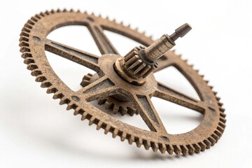 Pinion of old clock mechanism isolated on white background