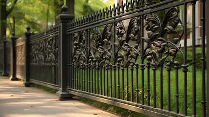 Ornate black wrought iron fence bordering sidewalk with lush green lawn creating an elegant boundary