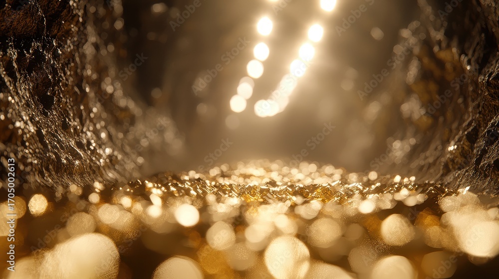 Poster a shimmering view of golden light reflecting off water, creating a mesmerizing atmosphere in a narro