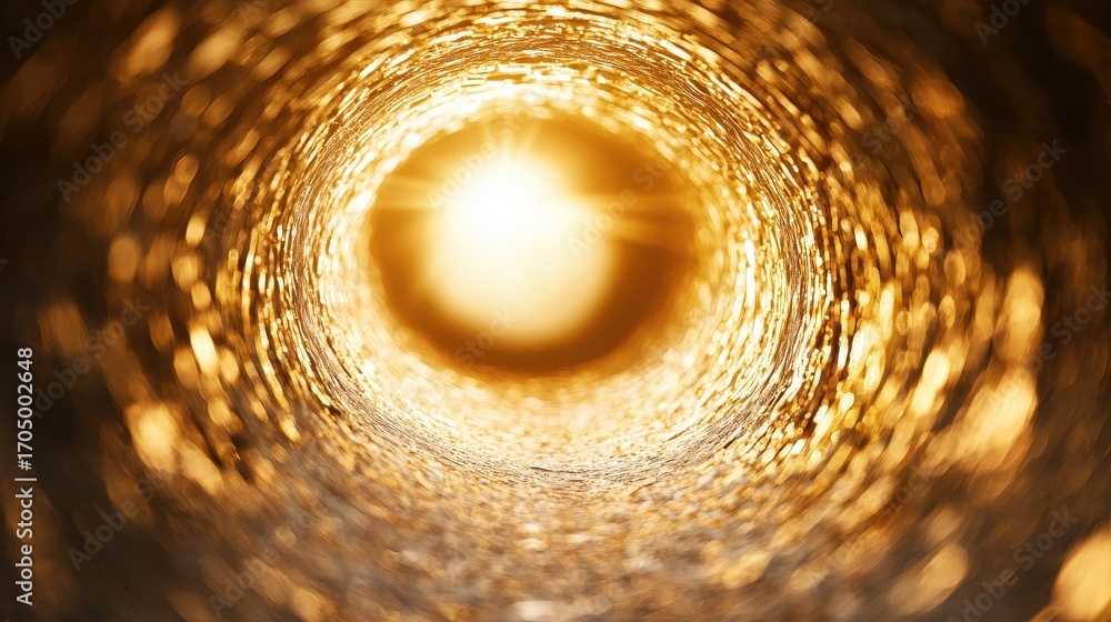 Poster a captivating, abstract image featuring a bright light at the end of a circular tunnel, surrounded b