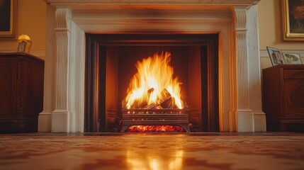Warm fireplace with roaring fire