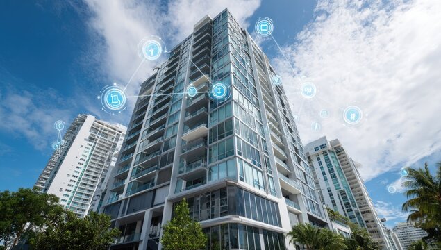 Modern apartment building with digital network overlay
